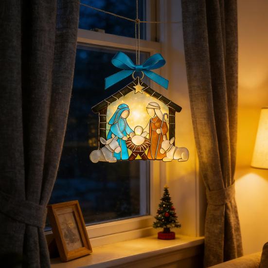 Seaglass Nativity Hanging Ornament Coastal Sea Glass Birth of Jesus 2D Acrylic Hanging Decoration Christmas Tree Holiday Religious Pendant