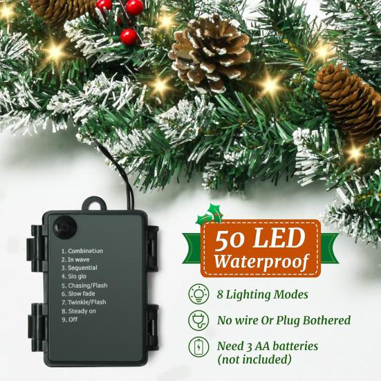 Artificial Christmas Garland with 50 LED Lights Battery Operated Prelit Greenery Garland with Pine Cones Red Berries for Mantle Staircase Doorway