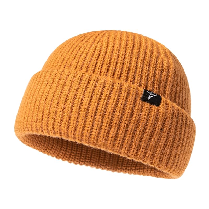 

[TOP-EX] yellow oversize M/L winter short fisherman beanie merino wool blend knit skull cap for big head warm hat men s ladies Compatible with cold