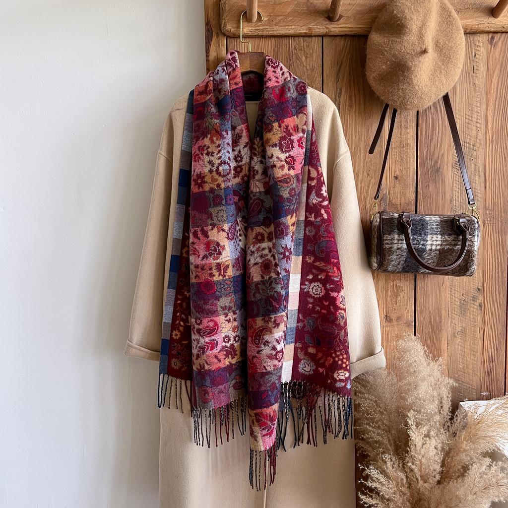 Women Winter Fashionable Tassel Shawl Thickened Imitation Cashmere Scarves Ethnic Style Warm Blanket Cape Headscarf Scarf