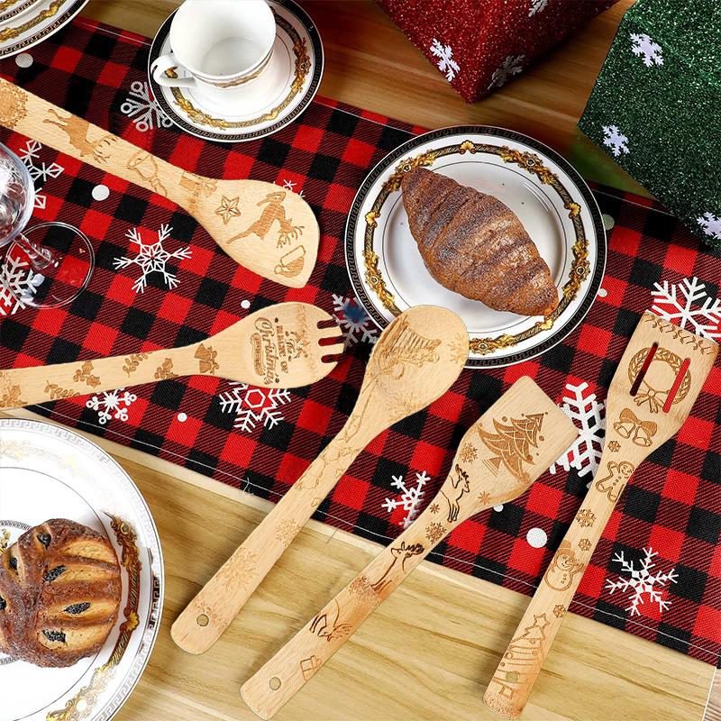 5 ks/sada Bambusové lžíce Kuchyně Vánoční potisk Ideální vánoční dárky Salátová špachtle Rodinné kuchyňské náčiní Pečení