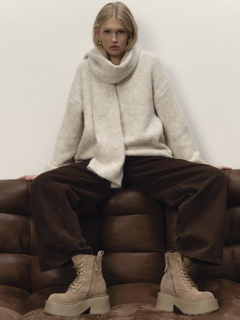 Women's Fall Winter Wool Sweater Set Loose Cozy Knit Top with Scarf, Cream White