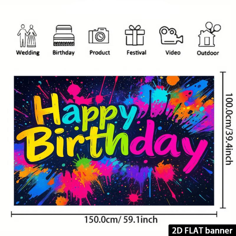 2D plane 1 piece of colorful ink-blurry birthday background curtain. Suitable for indoor use. "Happy Birthday"