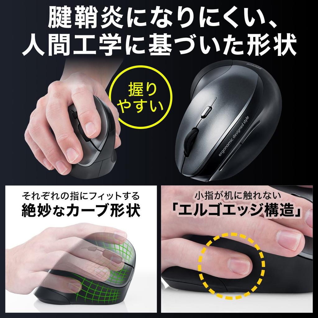 Sanwa Direct Ergonomic Wireless Mouse, Tendonitis Prevention, Blue LED, 5 Buttons, 400-MA092