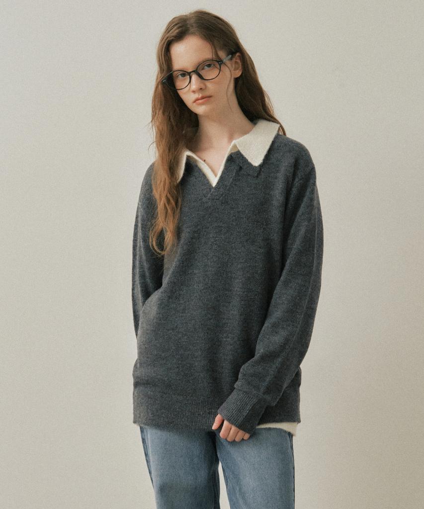 Wednesday Oasis For Woman W/Ash Open Collar Wool Knit_Charcoal(Wc25-Kn82)