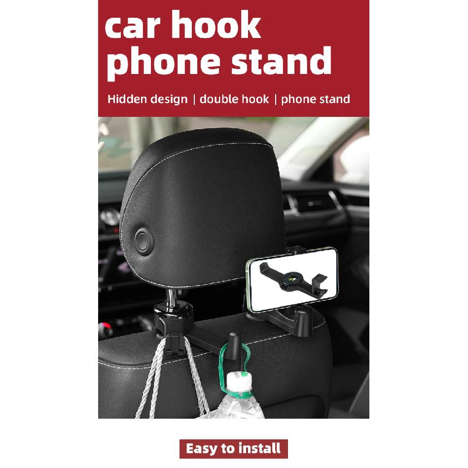 Car seat hook with phone holder, multifunctional and hidden 2-in-1 car seat hook with phone holder, universal rear headrest hook