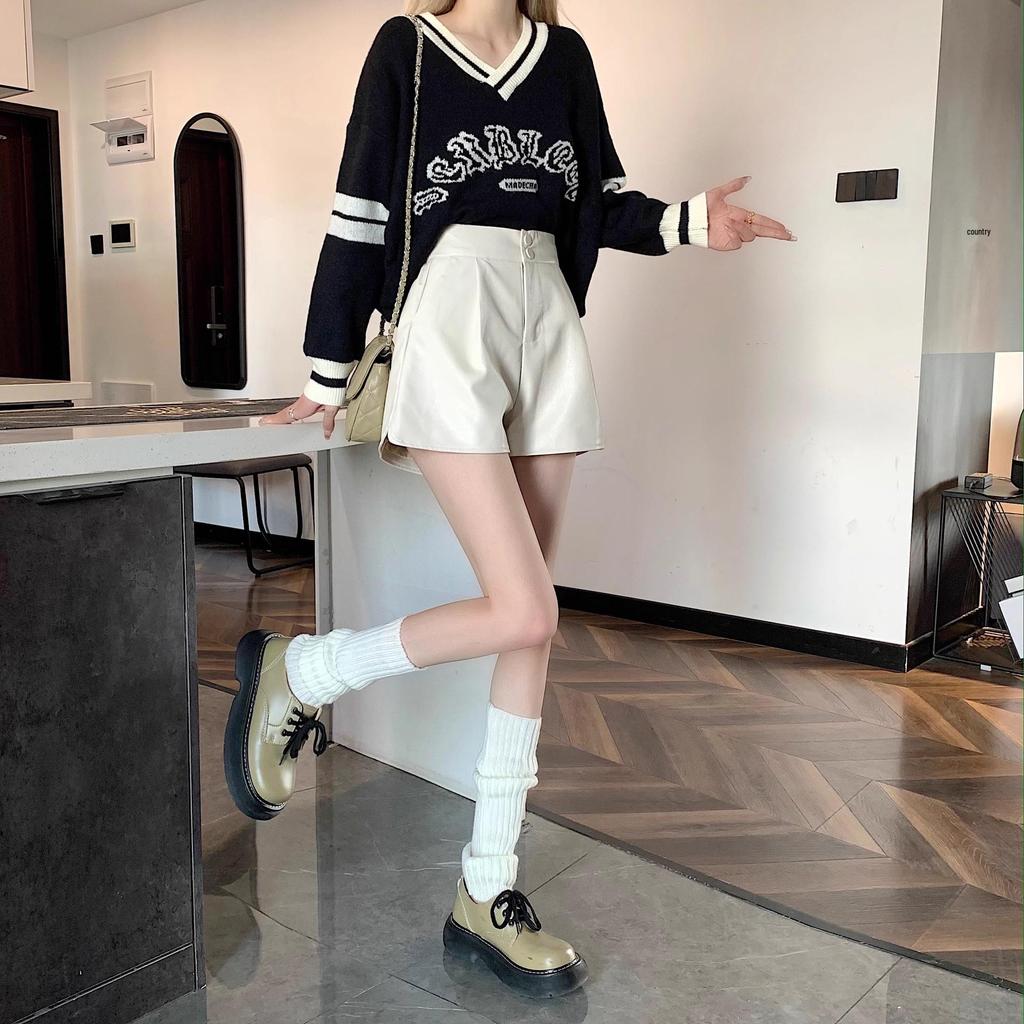 Autumn 2024 Plus Size Women's High Waist PU Leather Black Wide Leg Shorts