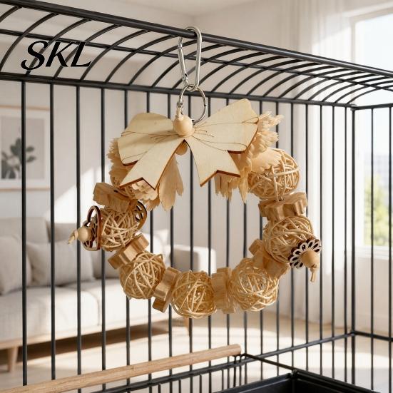 Handmade Bird Toy Wooden Bow Ring Parrot Toy, Chewing with Rattan Ball, Beak Grinder Hanging for African Grey Cockatoos Macaws, Cage Accessories