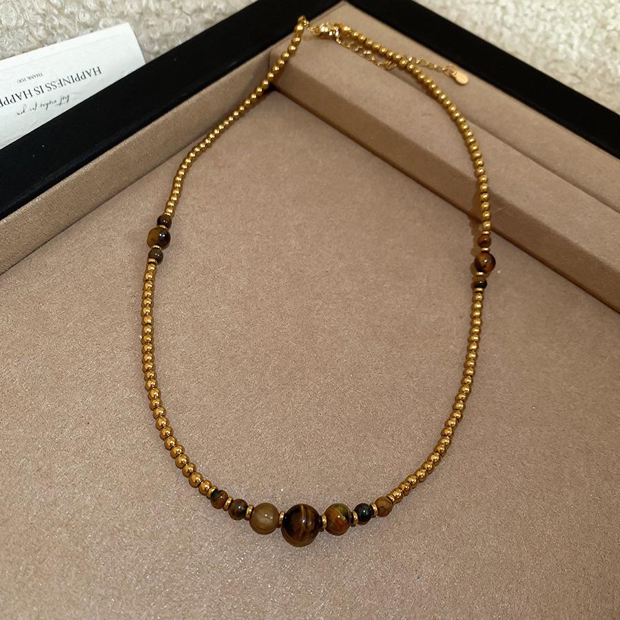 Maillard Tiger Eye Bead Round Pendant Necklace - Retro Casual Style Sweater Chain, Simple and Versatile.