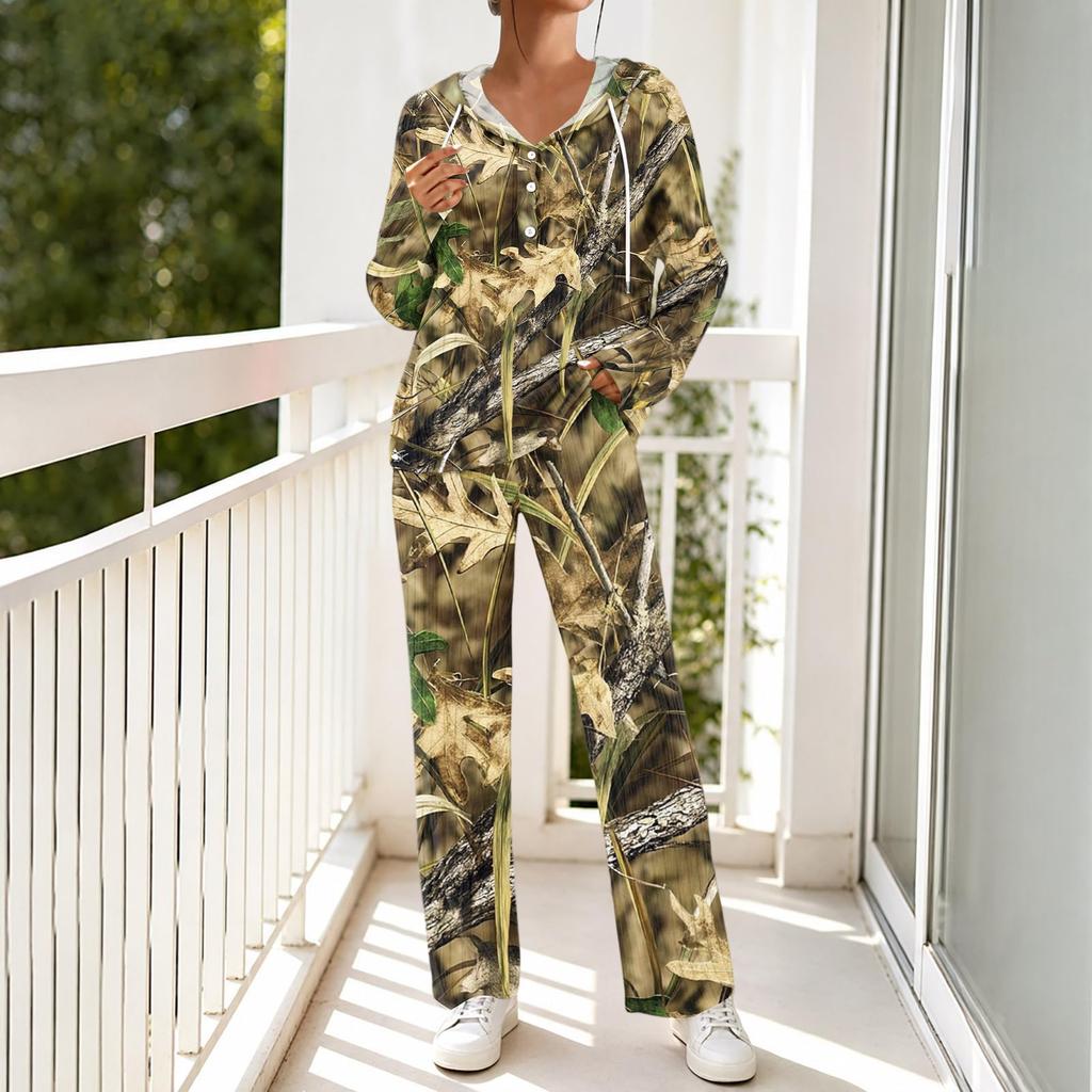 Women's V-Neck Print Long Sleeve Hooded Pajama Set with Pockets, Loose Fit Casual Wear