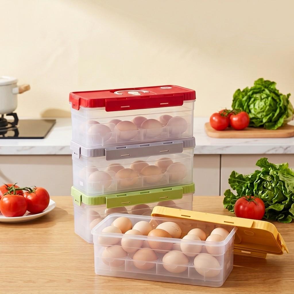 Egg Storage Box Refrigerator Organizer Stackable Plastic Food Containers With Lids Portable Handle Space Saving Kitchen Holder