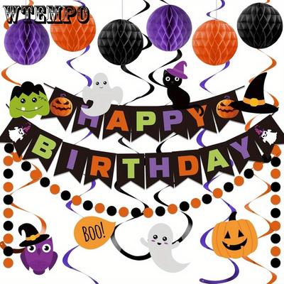 5sets Halloween Birthday Decorations Happy Birthday Banner with Honeycomb Ball Hanging Swirl Streamer Garland Decorations Birthday Party Decoration