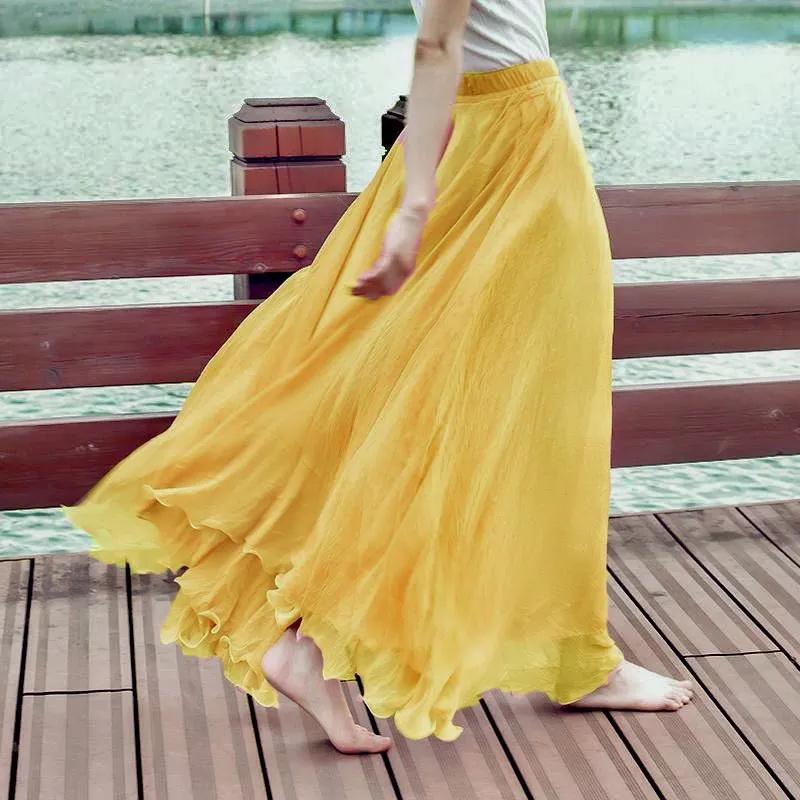 Damen Röcke Sommer Elastischer Bund Elegant Meeresurlaub Rock Bohemian Langer Rock Großer Rock Chiffon Strandrock Femme S gelb
