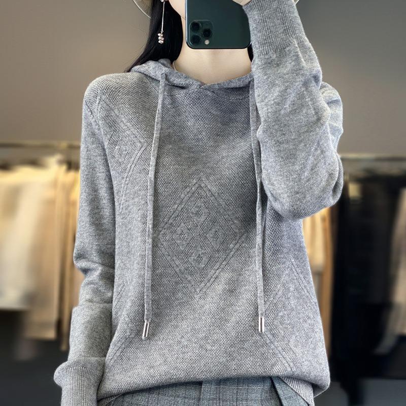 

Весняно-осінній жіночий світшот В’язаний світшот з капюшоном Жіночий світшот з капюшоном Вільний і тонкий повсякденний светр із голками з корицею XXL синій/сірий колір