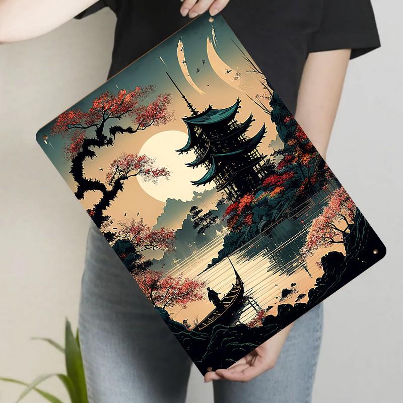 Chinese Ancient Landscape Pavilion Metal Wall Art Traditional Home Decor Painting 20x30cm(7.8x11.8inch)