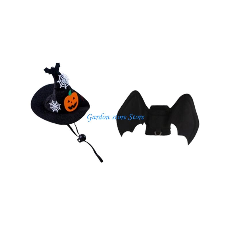 B0KB Holiday Pet Costume Set with Wing Panel Pointed Hat Halloween Soft Fabric Outfit for Seasonal Photo Parties and Home