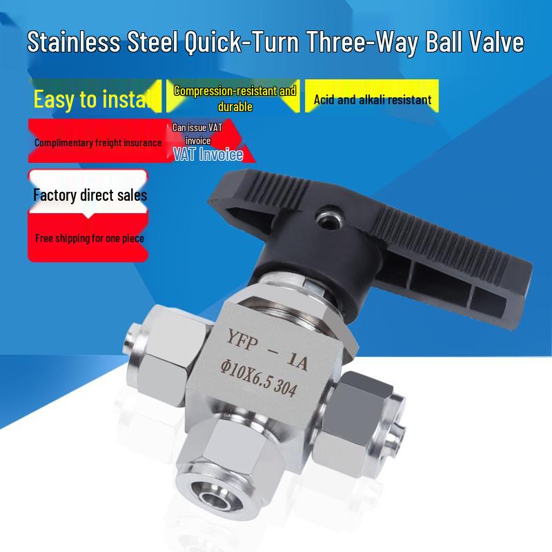304 Stainless Steel Quick Turn 3-Way Ball Valve with Panel Mount Locking Nut for Hose PU Air Tube.