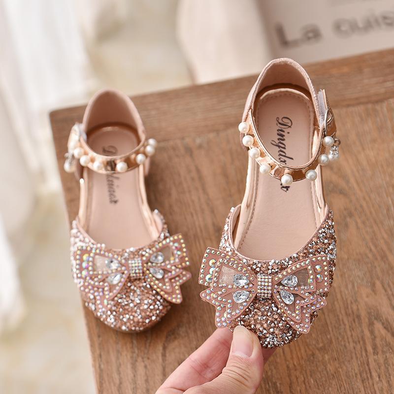 Sandalias de verano para niñas, zapatos de princesa con lazo de diamantes de imitación y lentejuelas a la moda, zapatos para niñas, Sandalias de tacón plano, talla 21-35