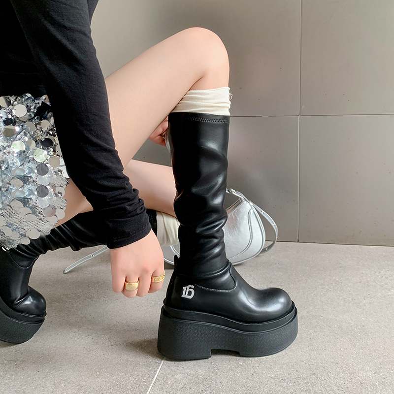 Krazing Pot Genuine Leather Spring Winter Shoes Flat Platform Superstar Elastic Boots Retro Fashion Women Thigh High Boots
