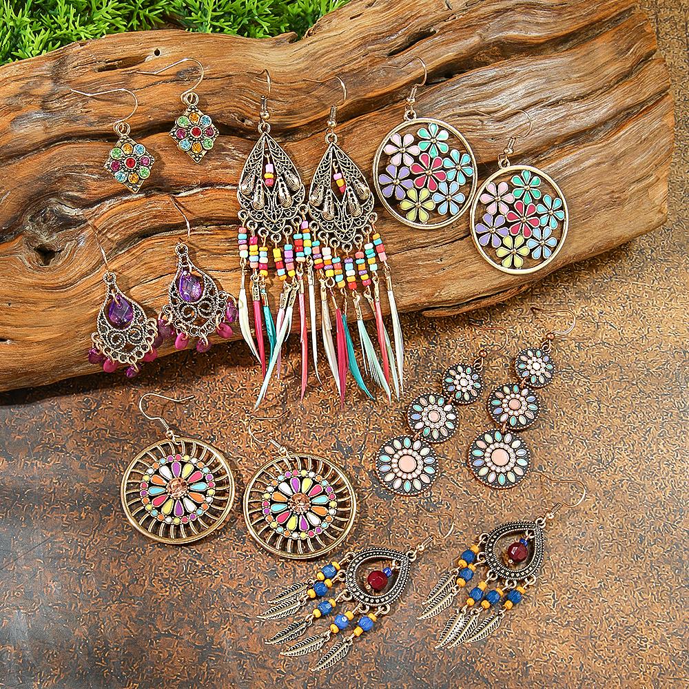 Women Vintage Colorful Dangle Earrings Set Boho Statement Tassel Ornaments Chic Holiday Gifts Party Decors Daily Wear Versatile