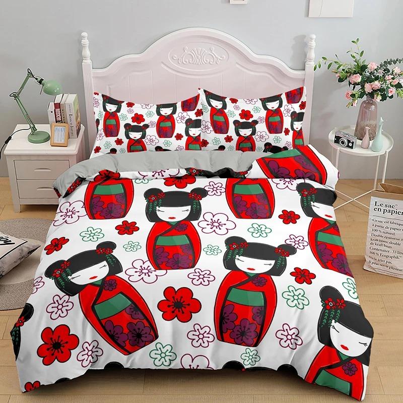 Japanese Doll Duvet Cover King Queen Lucky Cat Fan Bedding Set for Kids Girls Asian Japan Cultural 23PCS Polyester Quilt Cover