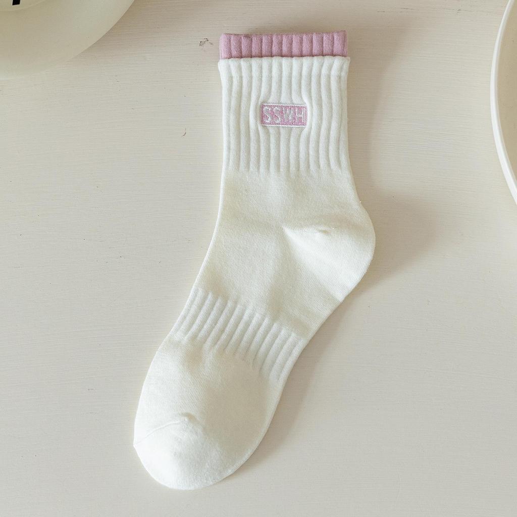 Dámské zimní bavlněné sportovní ponožky střední délky - Dvojité manžety, Vyšívaná písmena, Trendy, Teplé, Pohodlné.