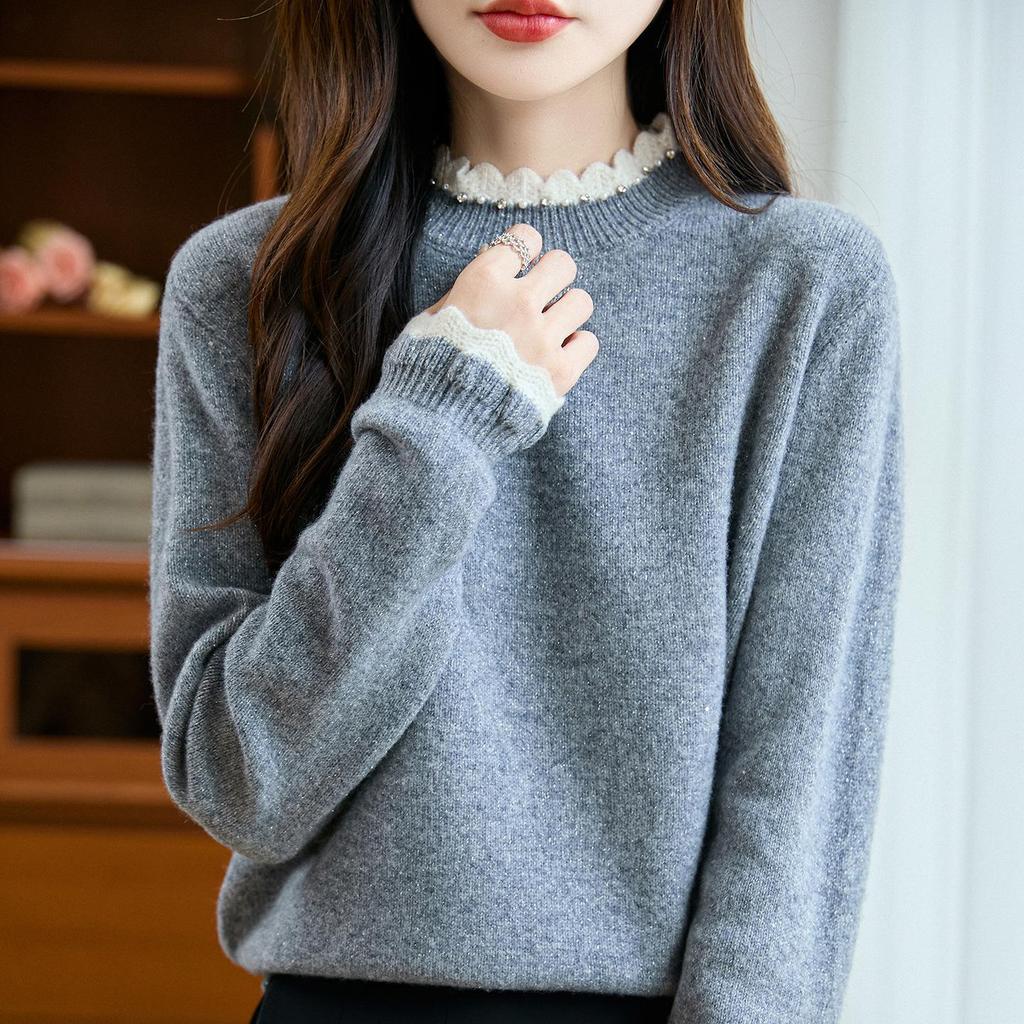 Women's Versatile Crochet Wool Sweater with Half-High Collar - Slimming and Stylish Base Layer Top