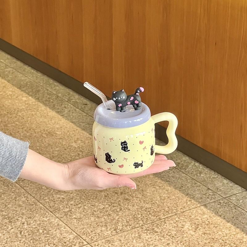 

Cute Cartoon Cat Straw Cup Ceramic Mug with Lid Exquisite and Beautiful Appearance To Give Girlfriend Birthday Gift 401-500ml