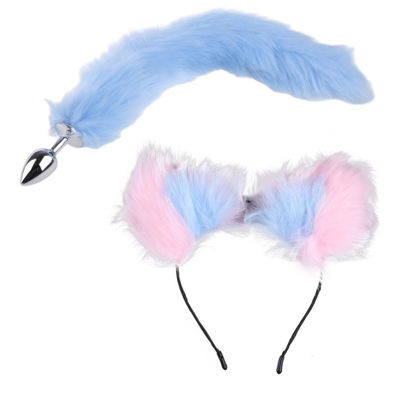 Metal Butt Plug with Fluffy Plush Animal Foxes Tail Ears Headband Set Cosplay Costume Props for Couples Game Sex Toy