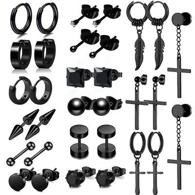 Black Punk Stainless Steel Women Men Hoop Earrings Small Trendy Round Cross Pendants Jewelry Accessories Earrings
