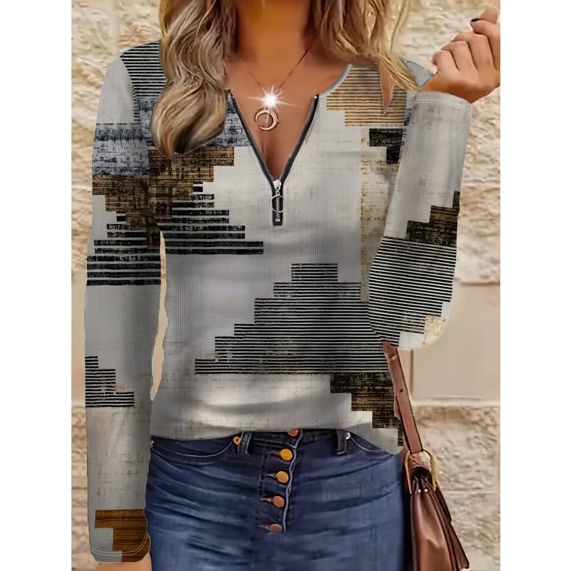 Women's Creative Printed Zipper Long-sleeved T-shirt, Breathable, Soft and Comfortable, Suitable for All-year-round Casual Wear