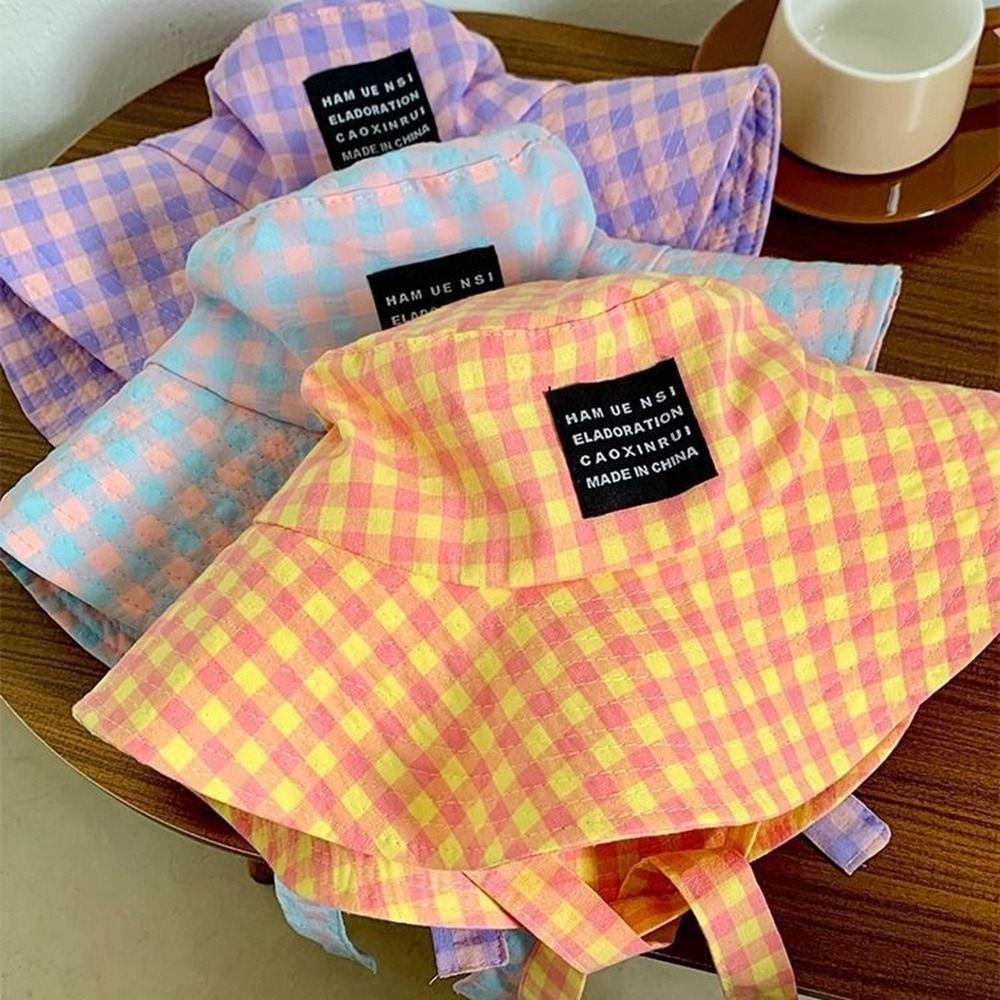 Sonnenschutz Wander Fischerhut zum Schnüren Karierte Wanderkappe Mode Kordelzug Sonnenhut Reise