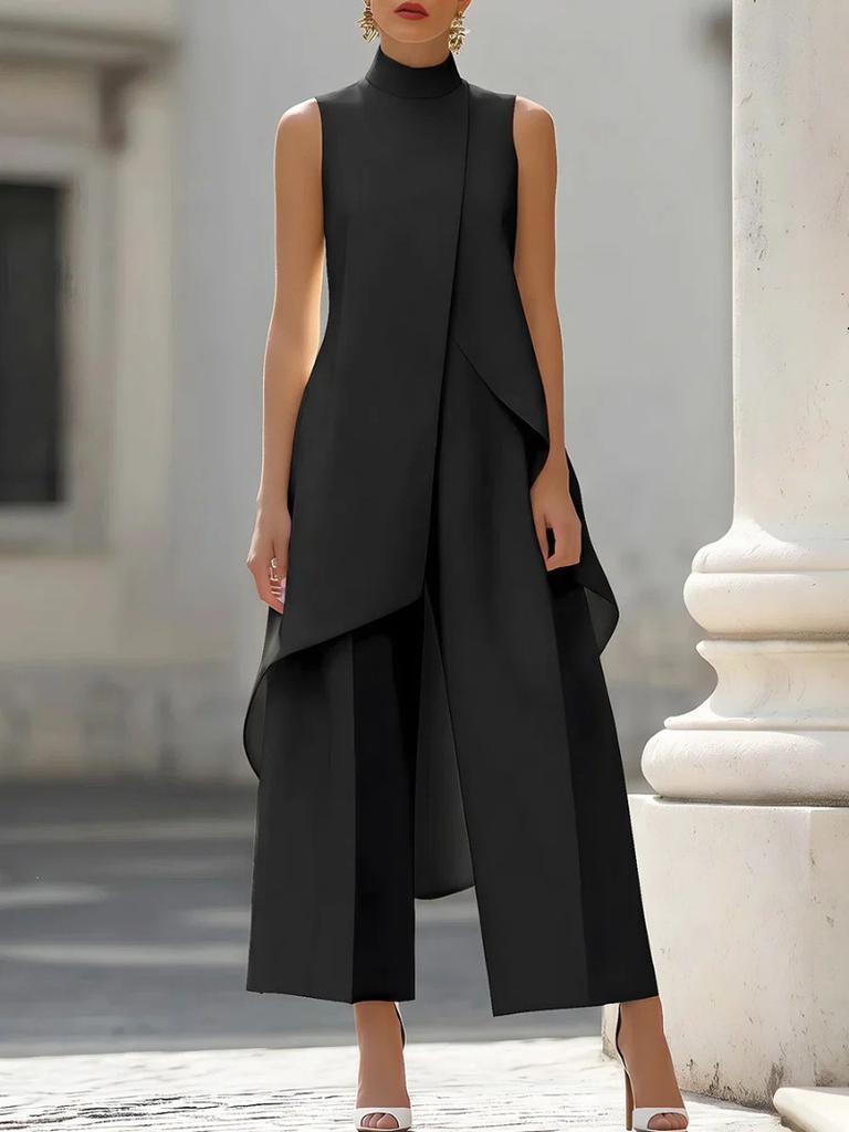 Damen ärmelloser Anzug mit hohem Kragen und weitem Bein, asymmetrischer Saum, lässig, locker sitzend, einfarbig, langes Hosen-Set