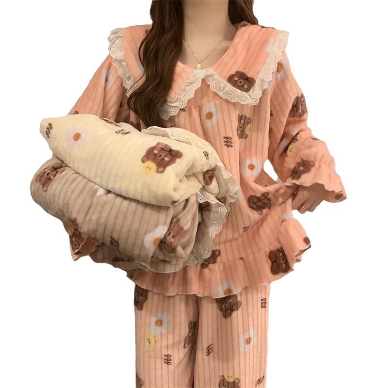 Damen Flanell Pyjama Set, verdickt: Gemütlicher Korallenfleece Langarm Hausmantel für Herbst und Winter.