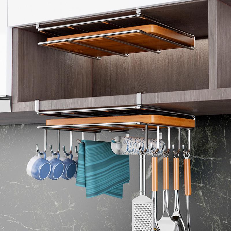 Multifunctional Under-Cabinet Storage Rack with Hooks for Pot Lids and Cutting Boards