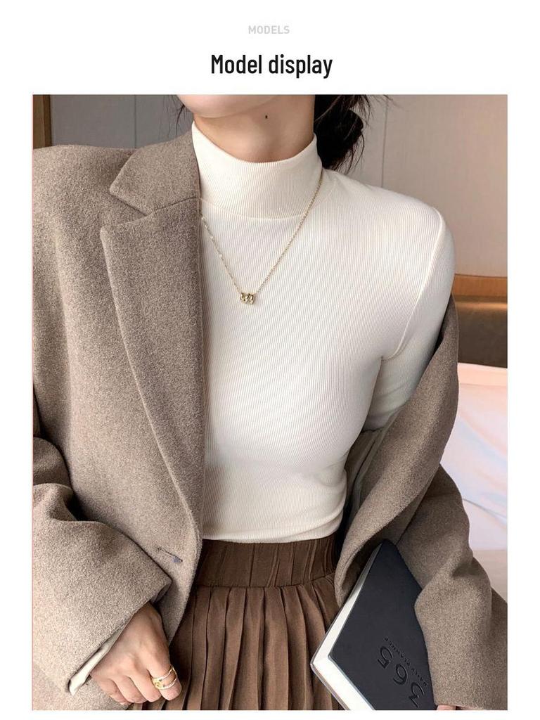 Elegantní dámské pletené tričko s polozvýšeným krkem - Lehký luxus, s dlouhým rukávem a tenké na podzim/jaro.