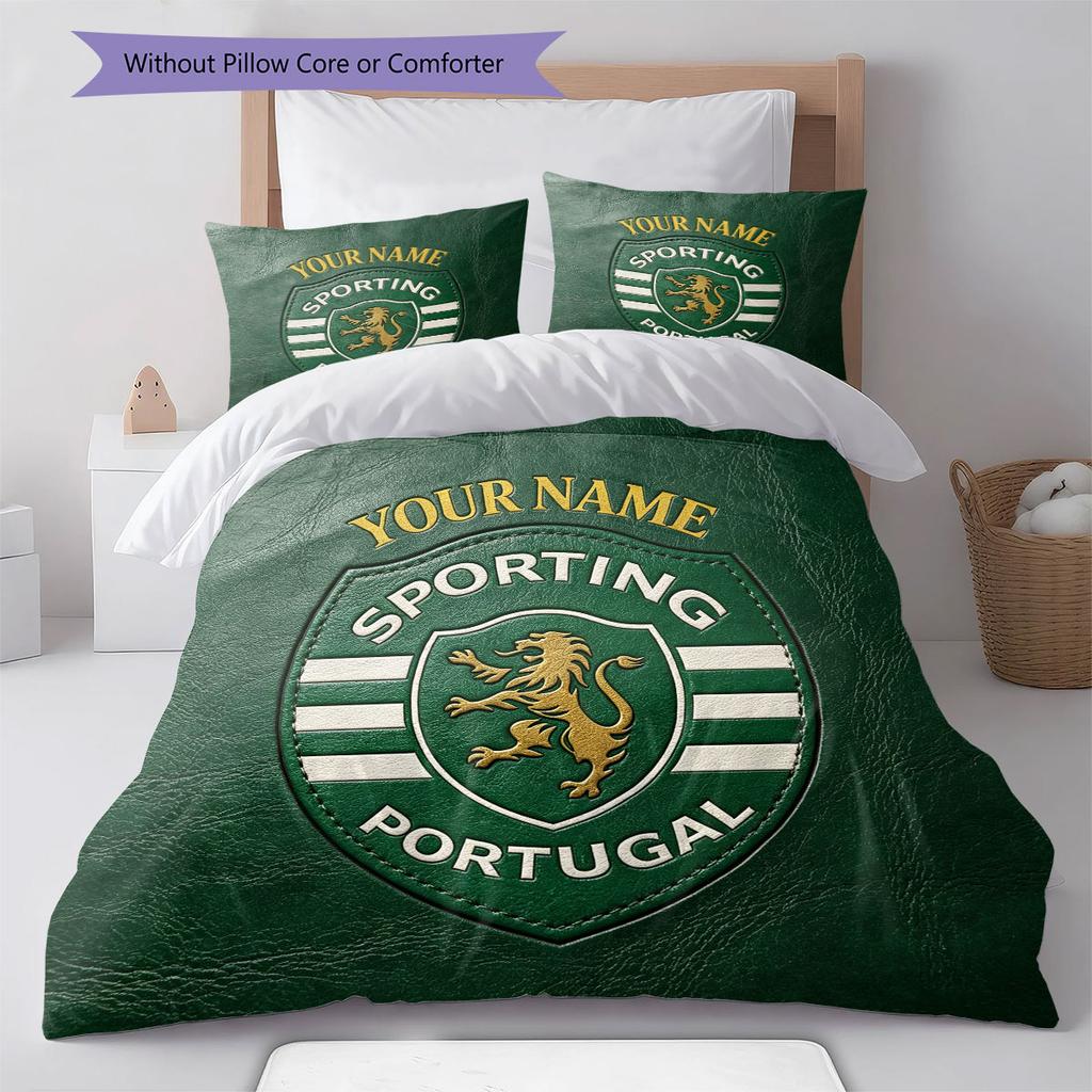 Benutzerdefinierter Name, Sporting CP Muster Bettwäsche Heimdekoration Geburtstagsgeschenk ( 1 Bettbezug + 2 Kissenbezüge, ohne Füllung),Fanartikel.