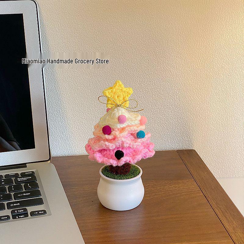 Hand-Knitted Christmas Tree Small Potted Plant - Festive Desktop Decor & Creative Gift