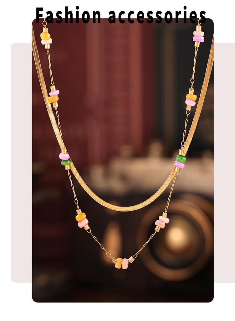 Qiong Yao Handmade Double Layer Stainless Steel Necklace with Colored Natural Stones for Women - Sweet, Light Luxury Feel