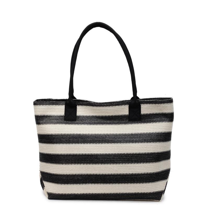 Large Capacity Fashion Straw Bag Women's Stripe Contrasting Color Resort Beach Bag Temperament Commuter Portable Shoulder Bag