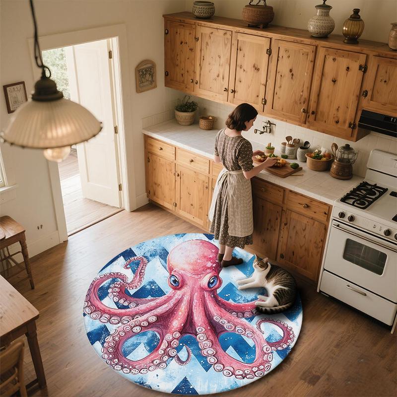 Aquarell-Oktopus,Runder Teppich,Teppich für Wohnzimmer Schlafzimmer Sofa Spielzimmer Dekor,Rutschfeste Fußmatte
