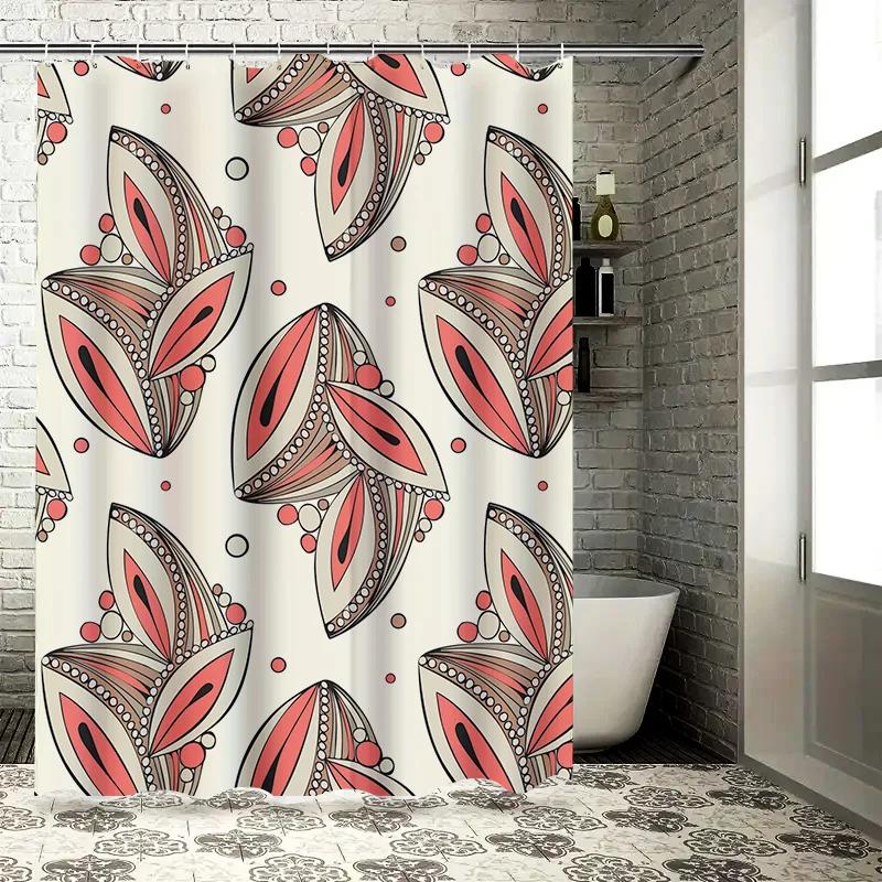 Abstract Geometric Patterns Bath Shower Curtain 3D Printed Polyester Fabric with Hooks for Bathroom Decorations In Coral White