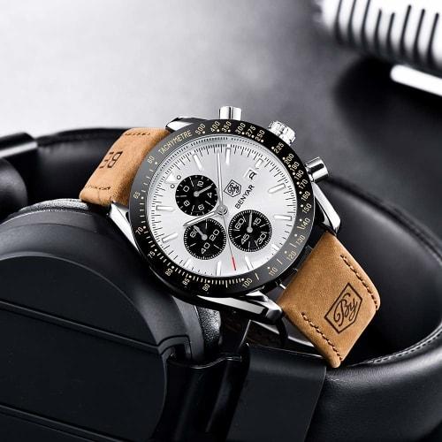 BENYAR AKNIGHT Watch Men's Stylish Watch Men's Watch Luminous Chronograph Fixed Bezel Analog Calendar Arm Watch Waterproof Japanese Quartz Watch Leath