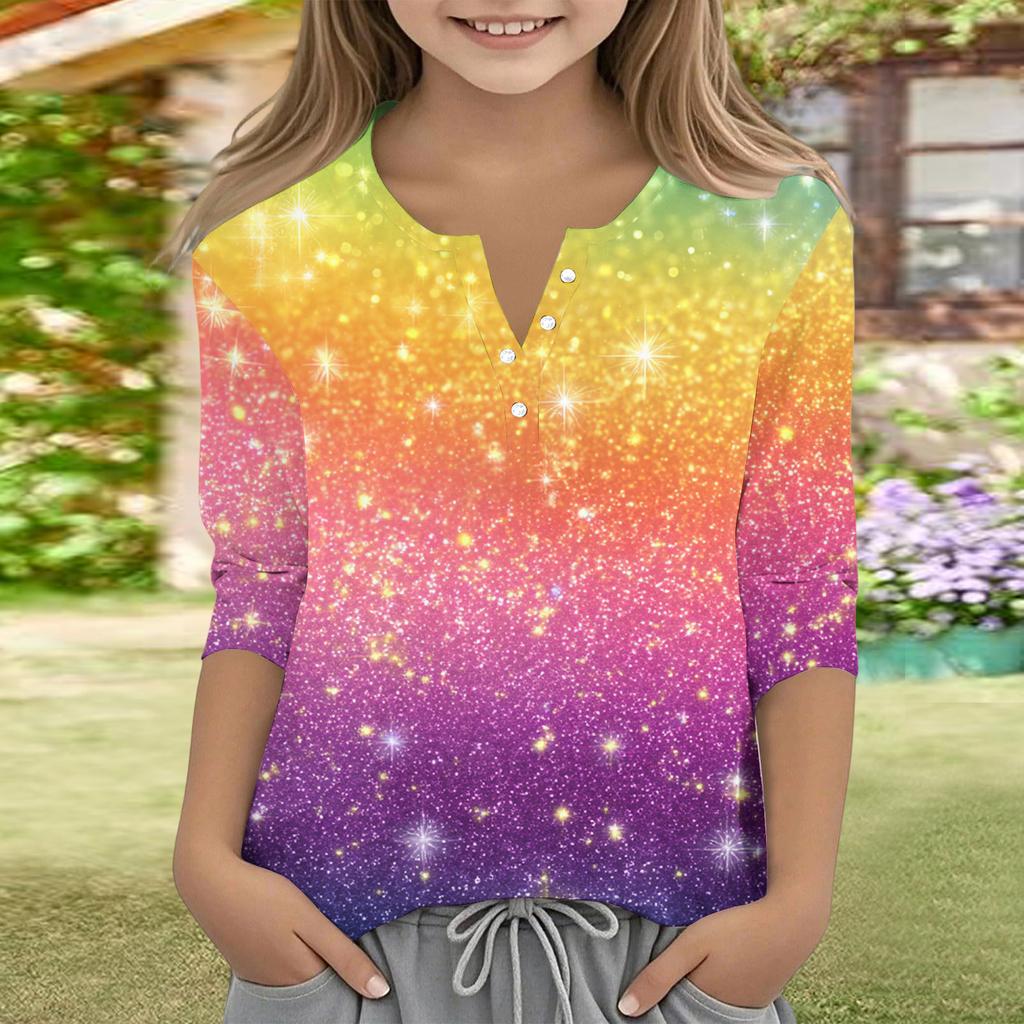 Print Tops For Youth Girls V Neck Button 3/4 Sleeves T-Shirts Trendy Tops Outfit Tees