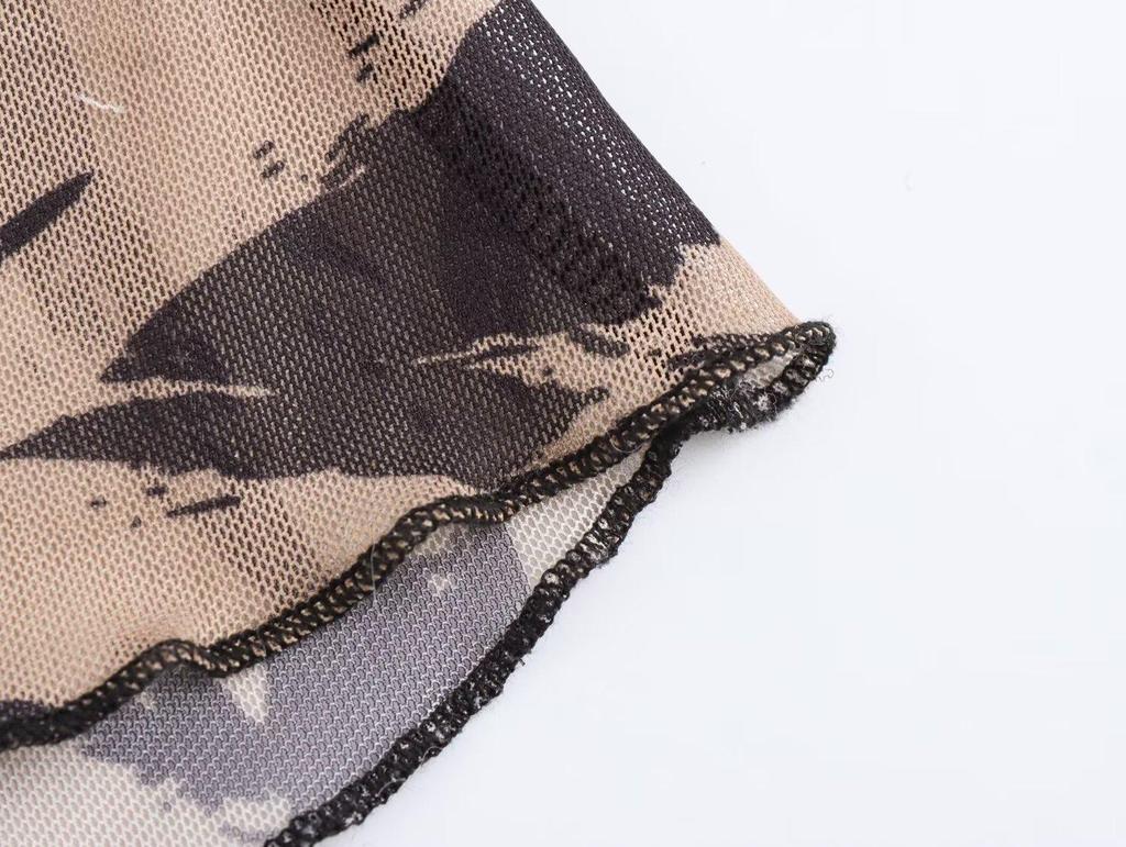 2024 Fall Women's European & American Style Cowl Neck Print Mesh Long Sleeve Dress