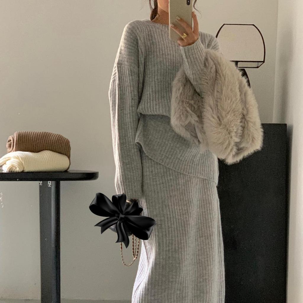 Lazy Loose Crew Neck Sweater Skirt Set Autumn and Winter Versatile Knitted Sweater Two-piece Set