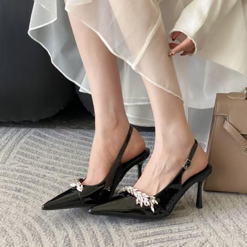 Fashion Spring 2025 Women's Pointed Toe High Heels Nude Leather -Notch Sexy Thin Heel Versatile Evening Sandals Diamond Embellished