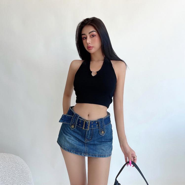 American Sexy High-Waisted Denim A-Line Mini Skirt for Women