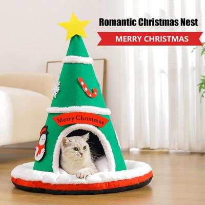 Christmas Tree Enclosed Cat Bed with Removable Pillows Soft Kitten Cat Sleeping Cave Keeps Pets Warm for Puppy Kitten Pet