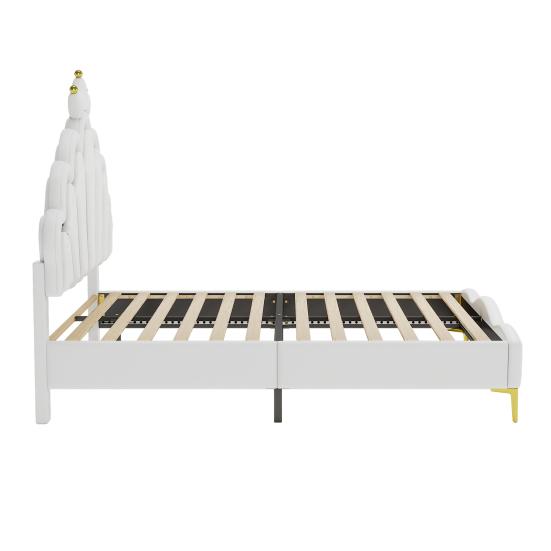 Princess Bed 140x200cm Flat Double Bed Crown-Shaped Soft Upholstery Made of Faux Leather Adjustable LED Ambient Light Strip White